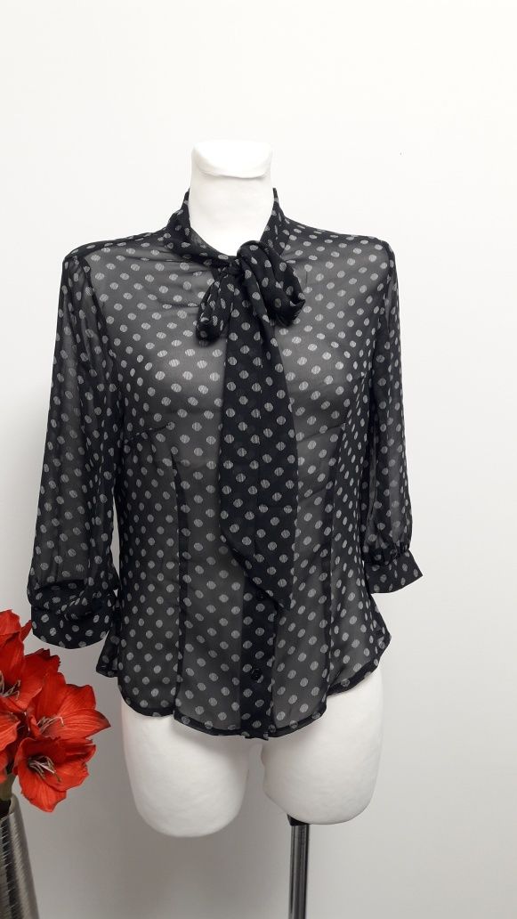 Bluzka elegancka szyfonowa zwiewna rękaw 3/4 36 S czarna białe kropki