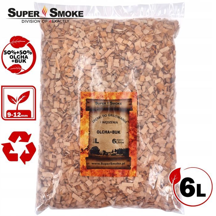 Zrębki Wędzarnicze Super Smoke OLCHA+BUK KL-10 (9-12mm) Large 6 Litrów