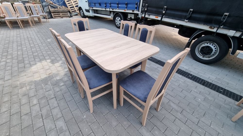 OD RĘKI: STÓŁ 80x140/180 + 6 KRZESEŁ, sonoma + metaliczny granatowy