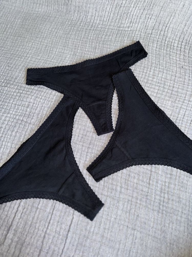 H&M 3 pary czarne stringi pół brazyliany bawełniane bawełna koronka Xs