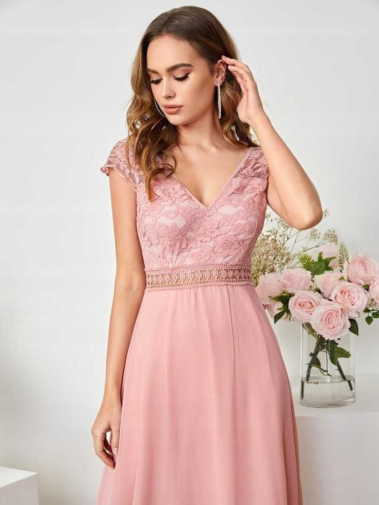 NOWA sukienka maxi długa różowa koronka szyfon wesele tiul druhna XS