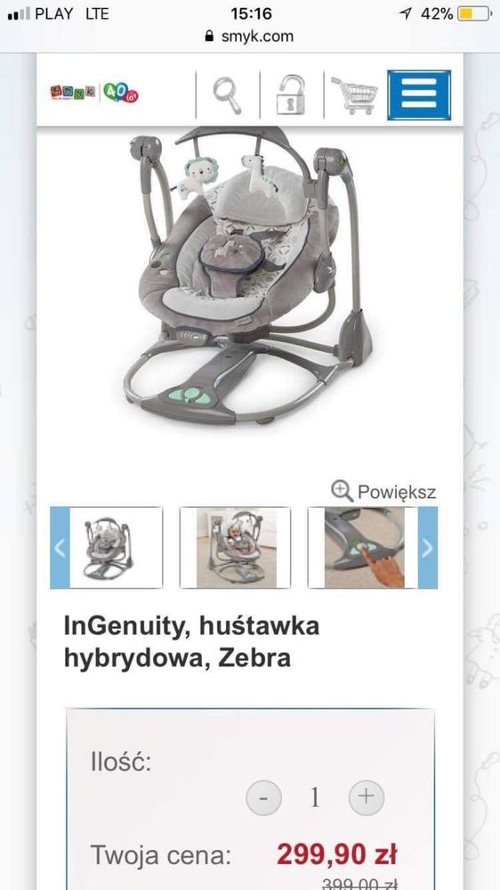 ingenuity bujaczek hustawka hybrydowa zebra