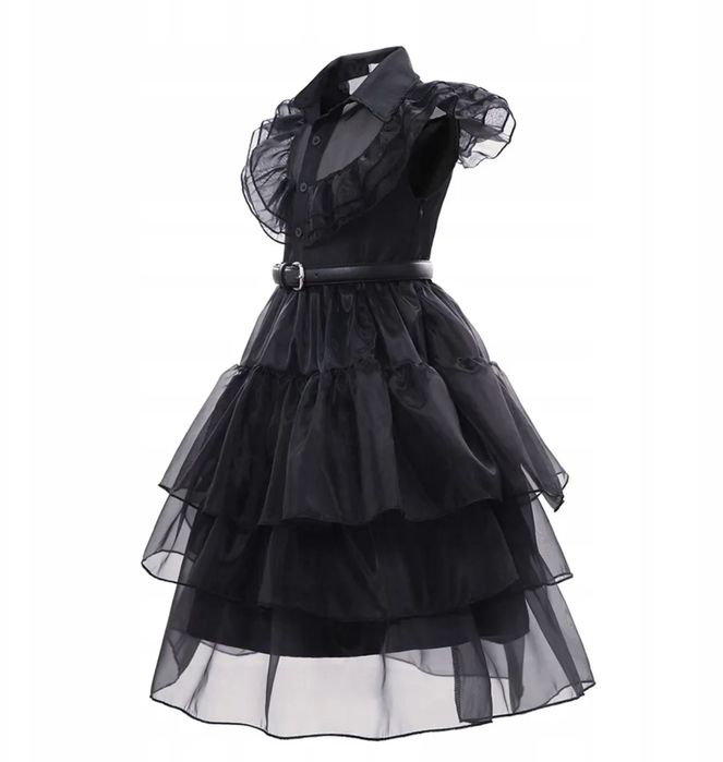 HALLOWEEN STRÓJ WEDNESDAY addams sukienka peruka 110-146 cm