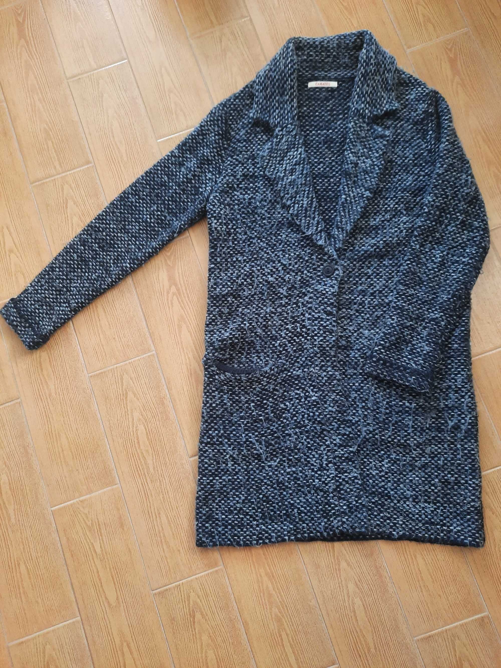 Długi, rozpinany, granatowy sweter z kołnierzykiem; Camaieu rozm. 42/L