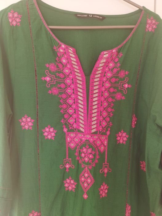 Tunika zielona indyjska kameez haft kwiaty Bollywood orient hippie