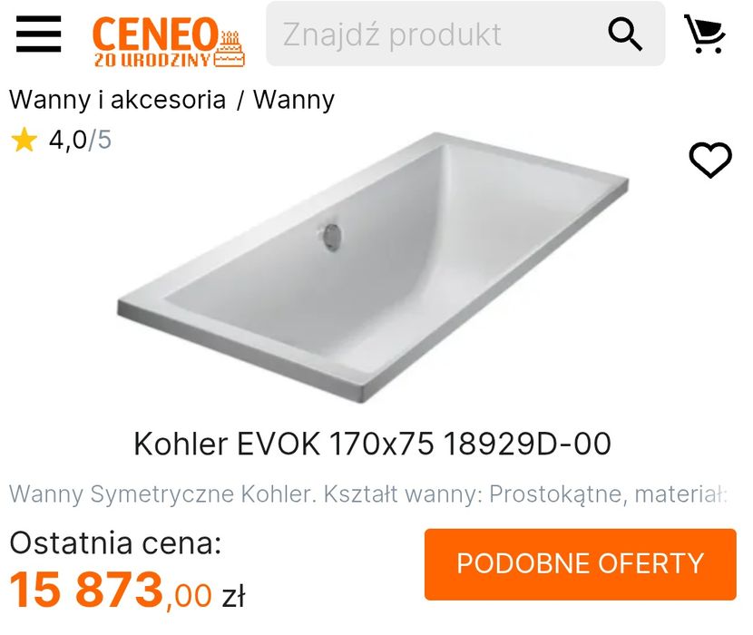 Wanna prostokątna Kohler Evok 170x75