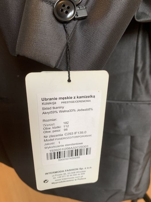 NOWY Garnitur męski Intermoda Prestige 182cm z metką