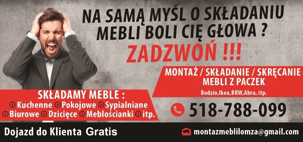 Montaż mebli z paczek (stolarz), kuchnie, pokojowe, itp. 11 lat doświa