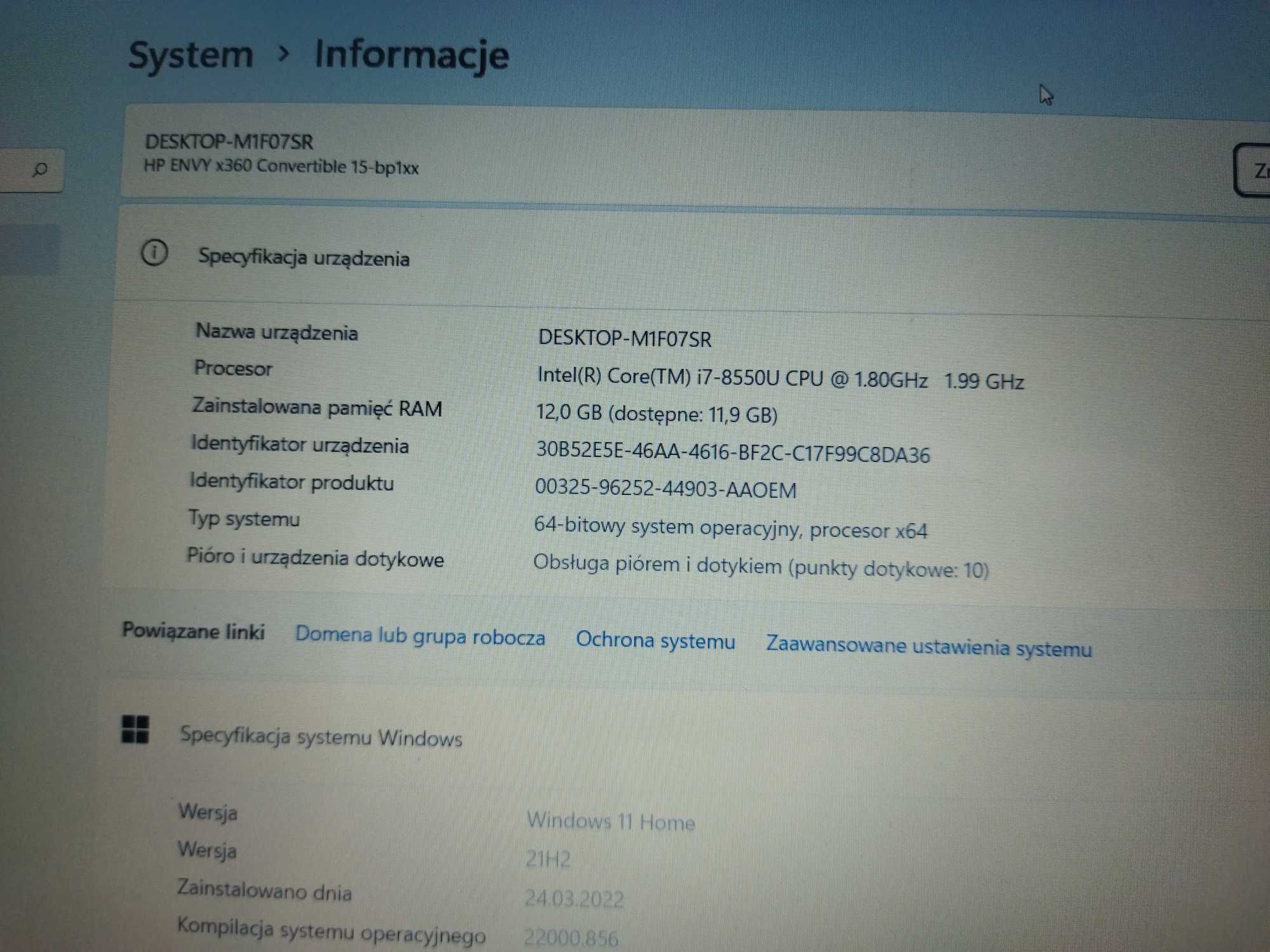 Laptop i7, 12GB RAM, dysk 512GB SSD, dotyk