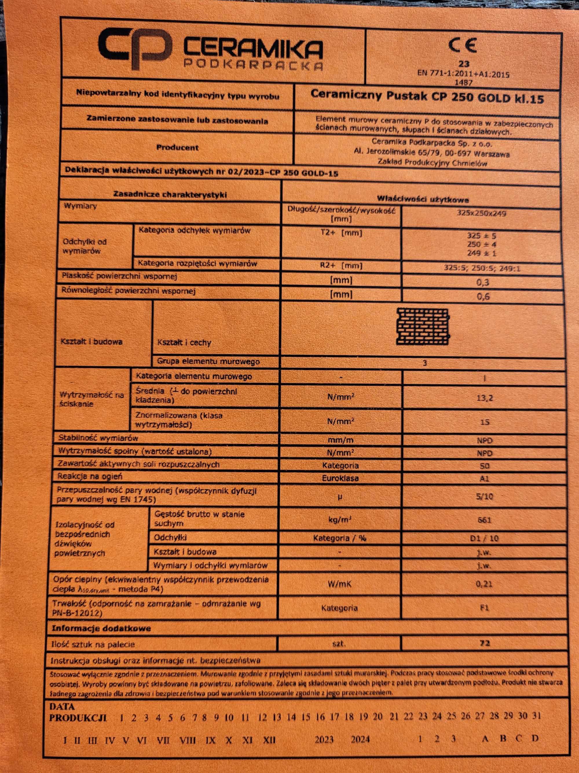 Pustak CP25 GOLD  P+W kl.15 cp250 Szlifowany Ceramika Podkarpacka