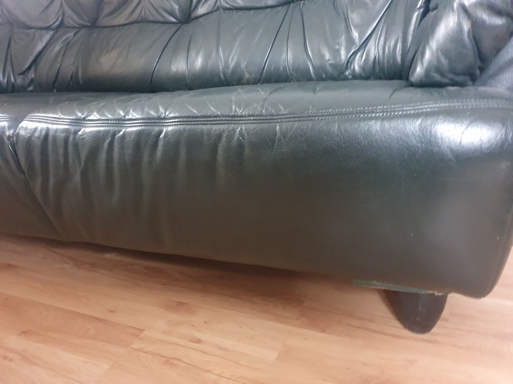 Skórzany zestaw wypoczynkowy sofa 3 osobowa +2 fotele kolor ciemno zie