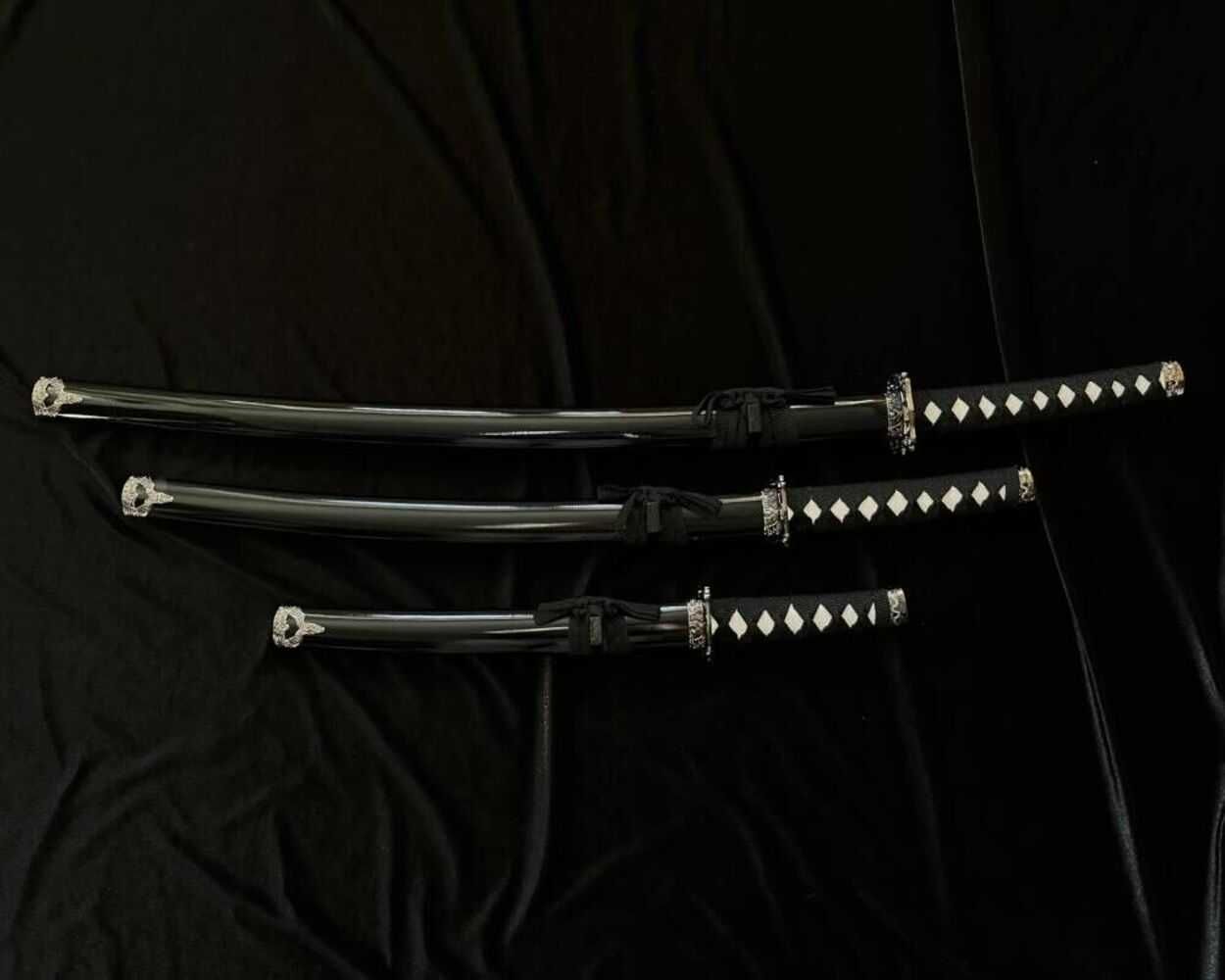 Czarny Zestaw Mieczy Katana Wakizashi Tanto Plus Stojak Hk1104