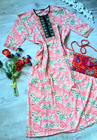 r.UNI Orientalna Tunika Maxi Suknia z Bawełny Ornamenty Kwiaty Kieszeń