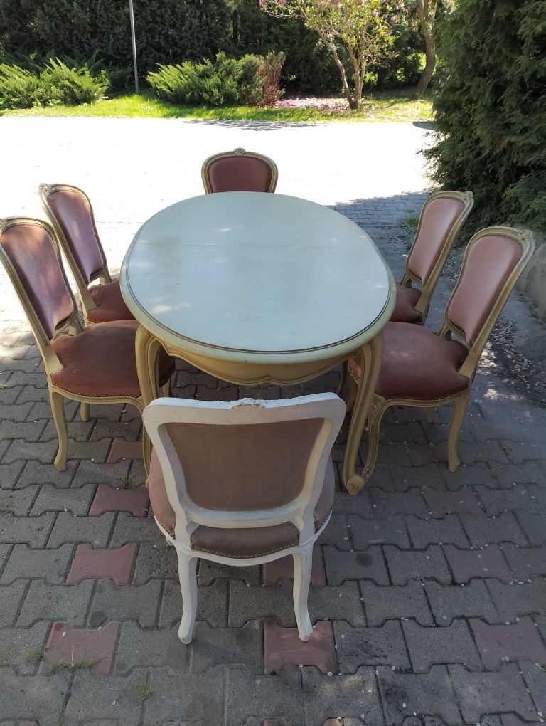 Piękny stylowy stół rozkładany +6 krzeseł ecru  ludwik dębowy