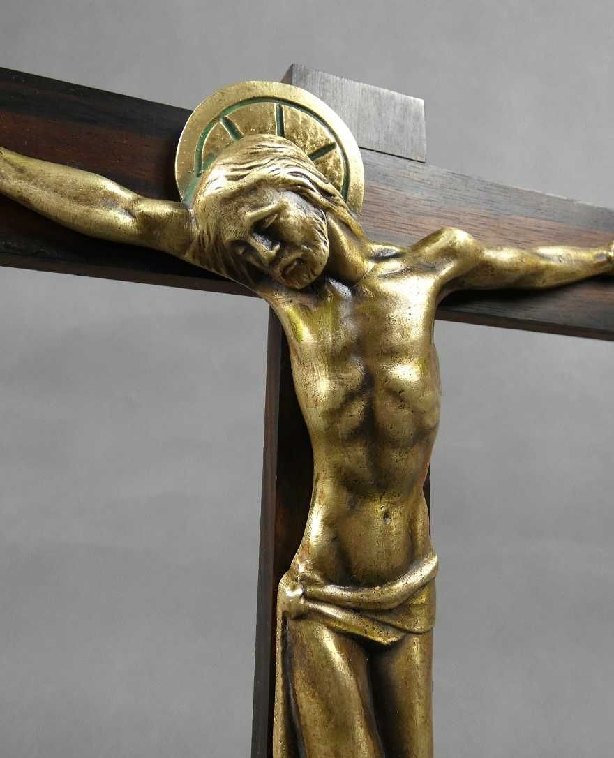 Krucyfiks krzyż Art Deco drewno brąz 27,5cm pasyjka JEZUS HARTMANN