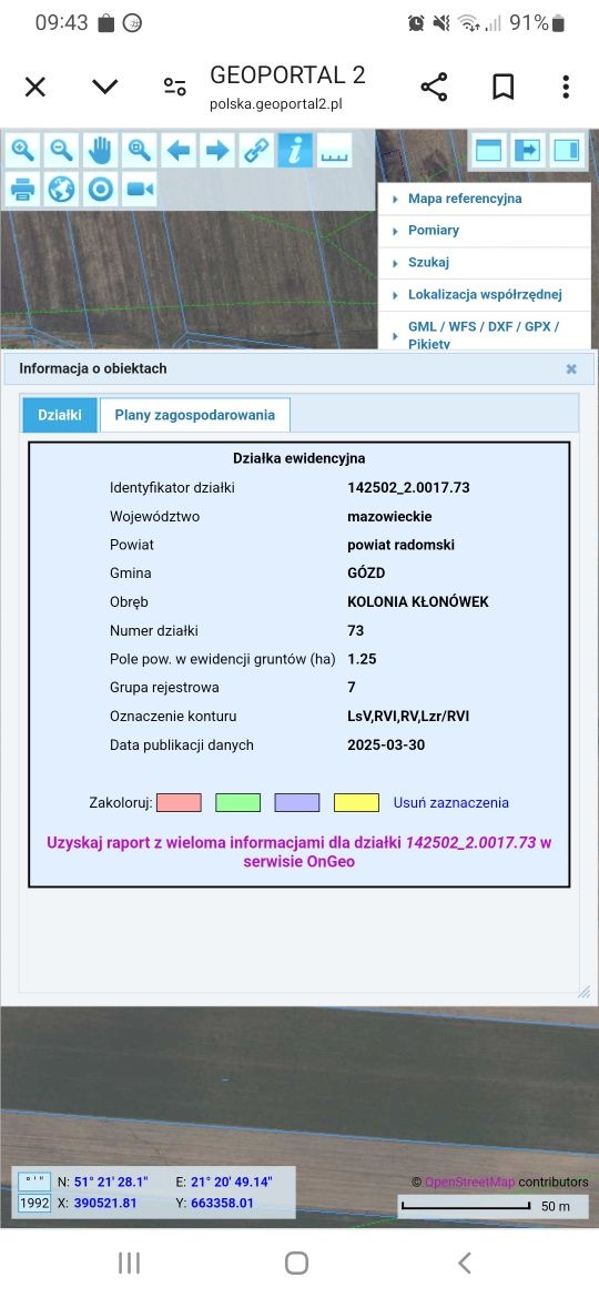 Sprzedam 1.25 ha Kłonów Borowiec.