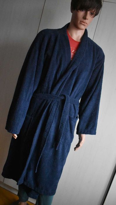 Szlafrok bawełniany XL długi 7/8 frotte męski granatowy wiązany ciepły