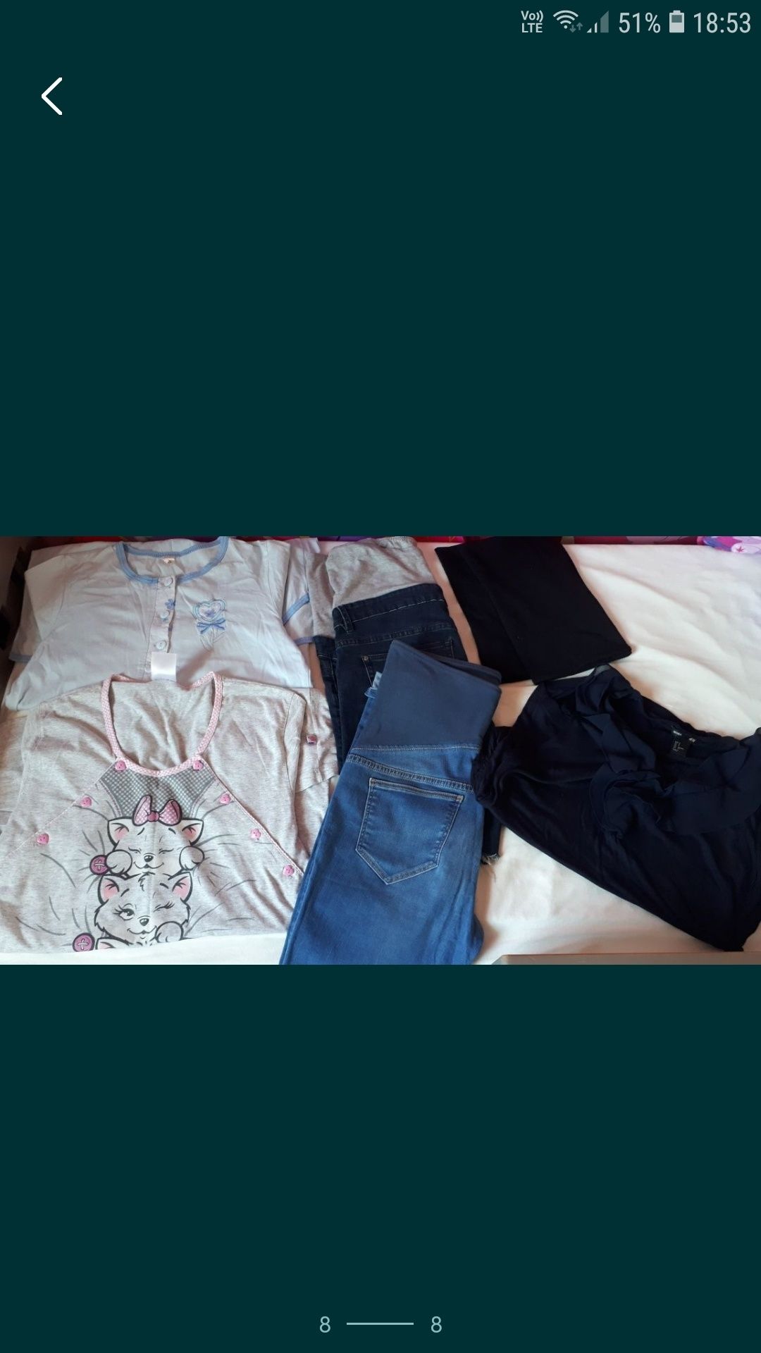 Ubrania ciążowe: dżinsy, krótkie spodenki, bluzka, koszule nocne, pas