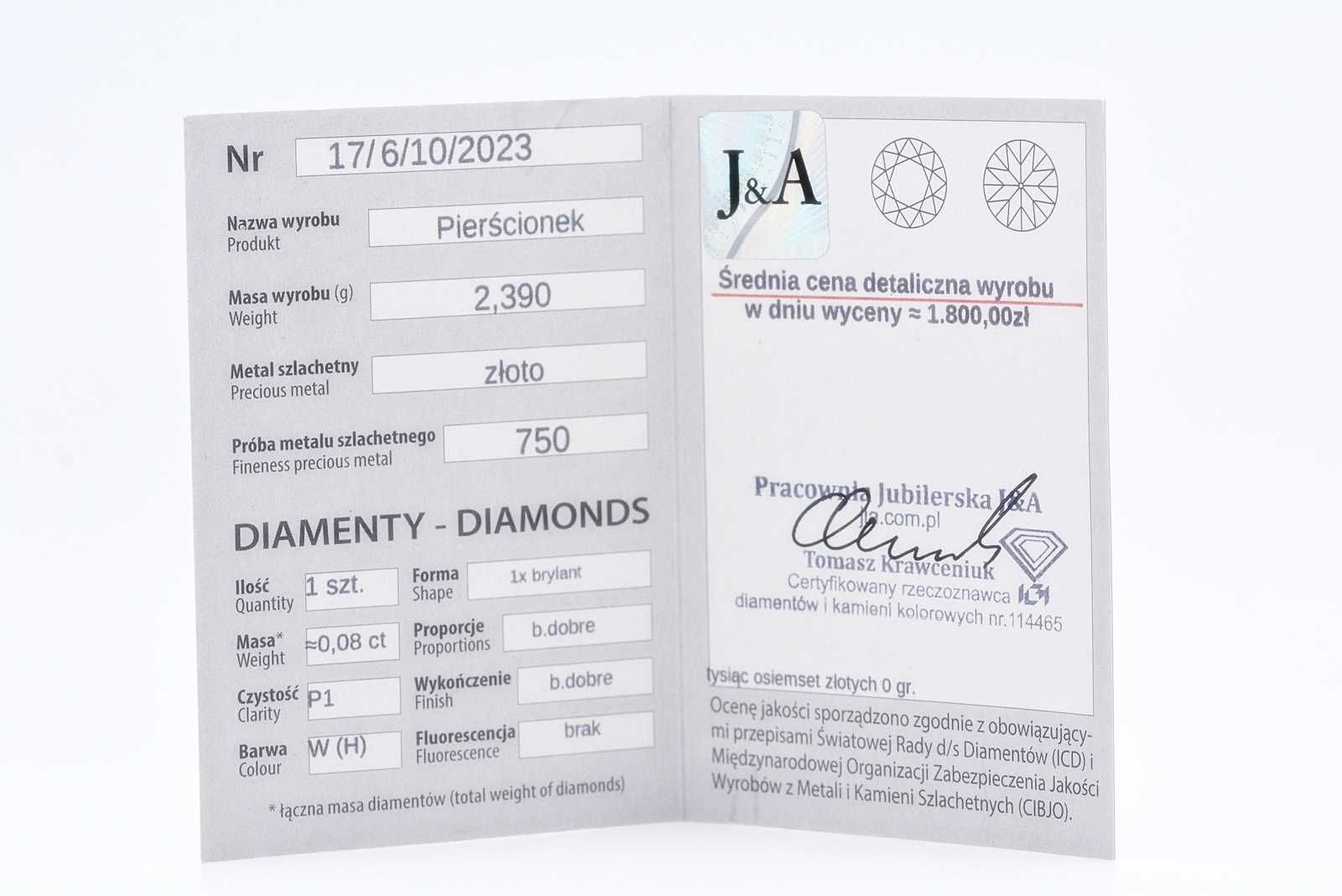 Klasyczny zaręczynowy pierścionek białe złoto BRYLANT 0,08CT R18 CUDO!