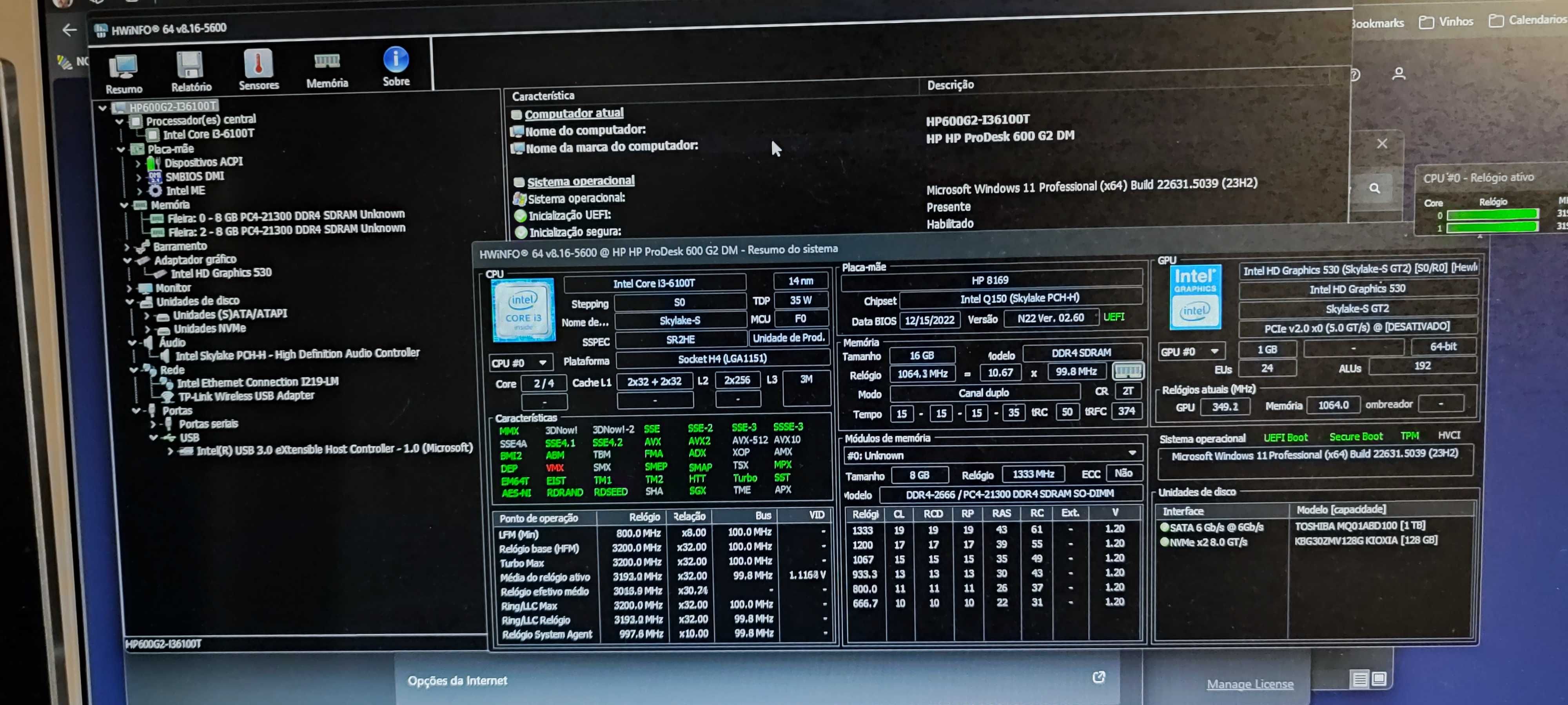 HP600G2 MiniPC i3-6ª geração 16GbRAM Discos de 128Gb NVME e 1Tb HDD