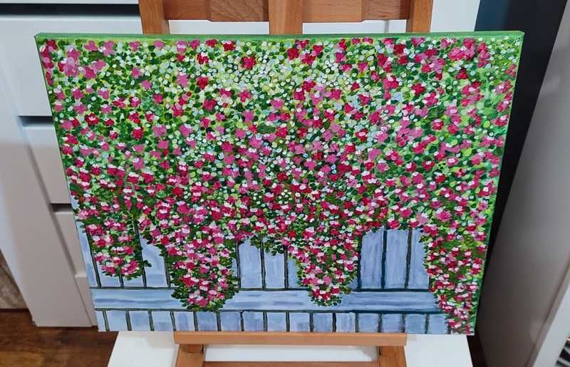 "Za kwiatowym płotem" - obraz na płótnie malowany akrylami