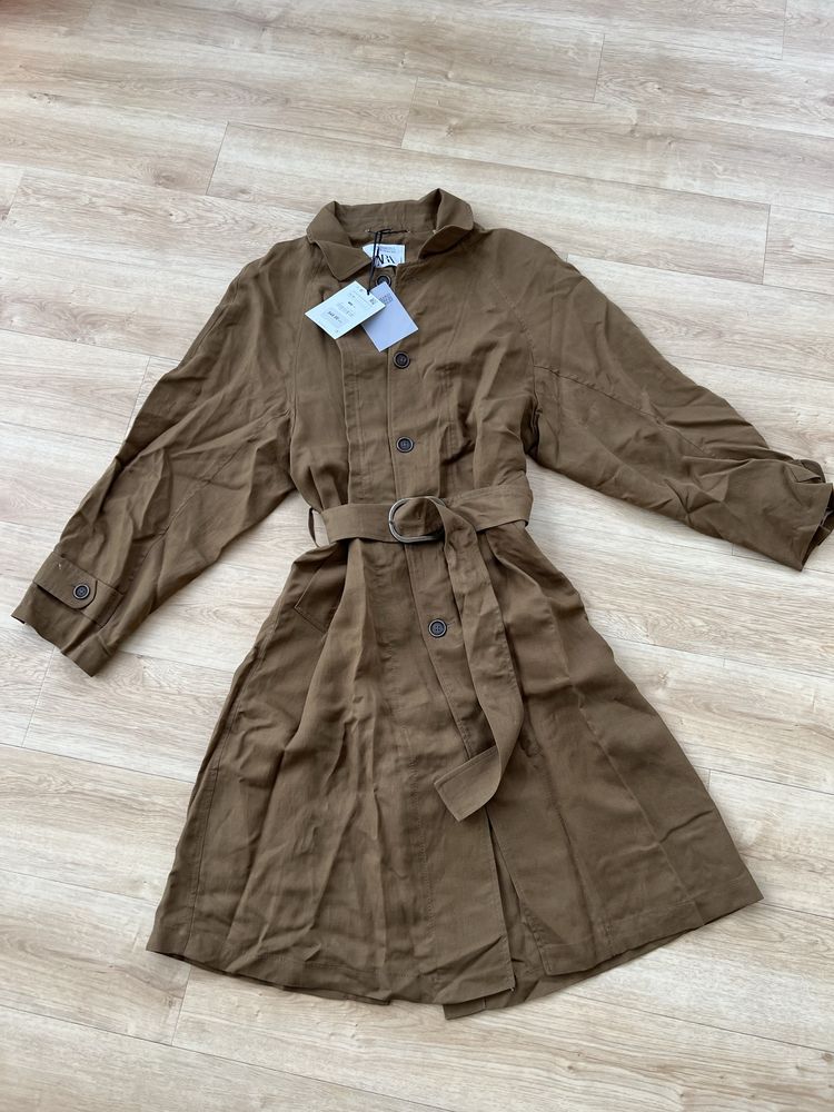 Zara Studio trencz płaszcz khaki len lyocell S-M