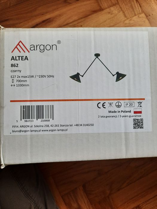Nowa lampa sufitowa Argon ALTEA czarna podwójna