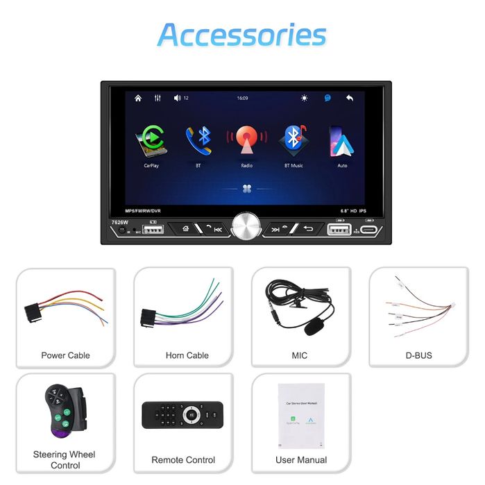 Autorrádio 6.8" IPS 2Din Wireless CarPlay/Android Auto BT USB