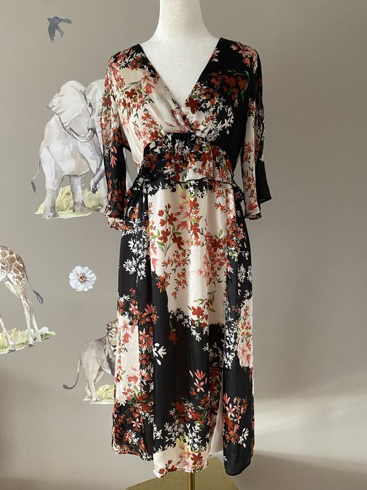 Elegancka kwiatowa sukienka midi Zara M 38 kopertowy dekolt