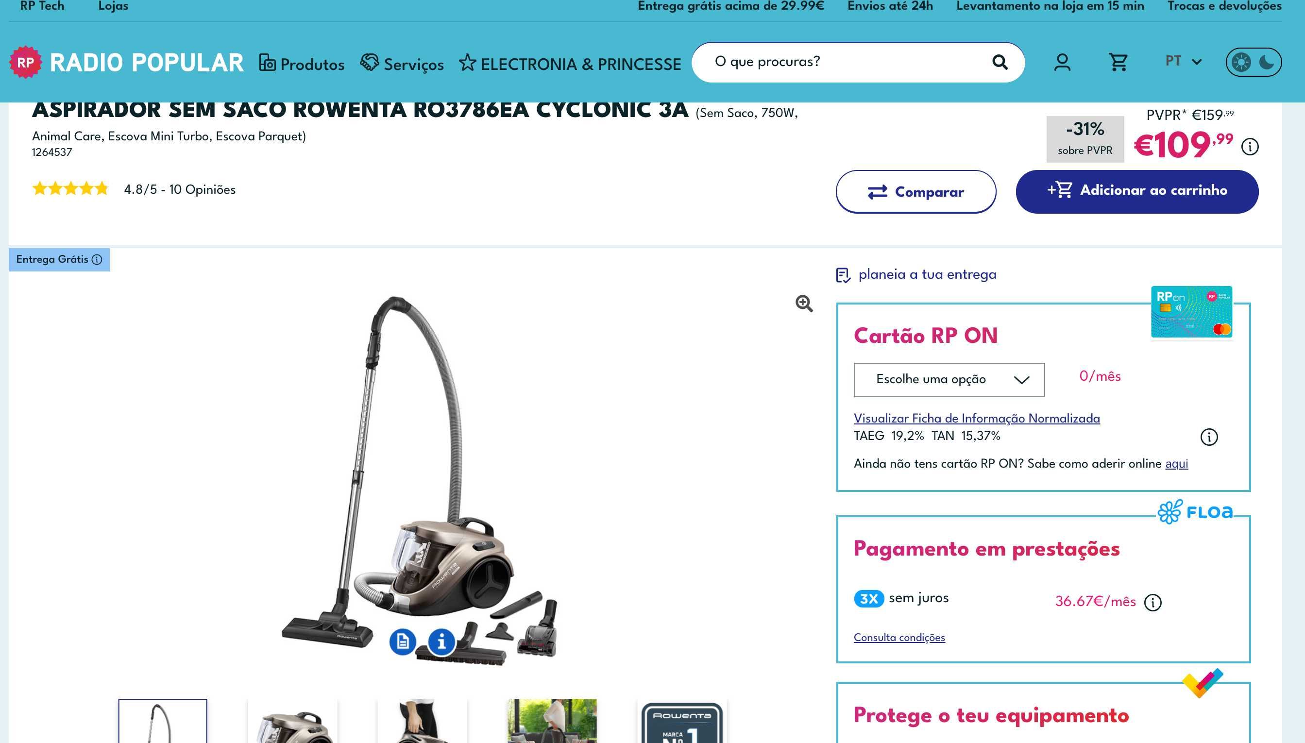 Aspirador sem saco Rowenta com Garantia