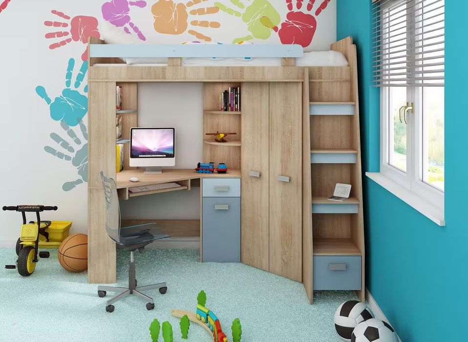 Łóżko piętrowe z biurkiem szafą narożną antresola SOLA