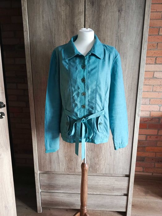 Lniana kurtka koszulowa EAST 100% len z paskiem turkusowa 44