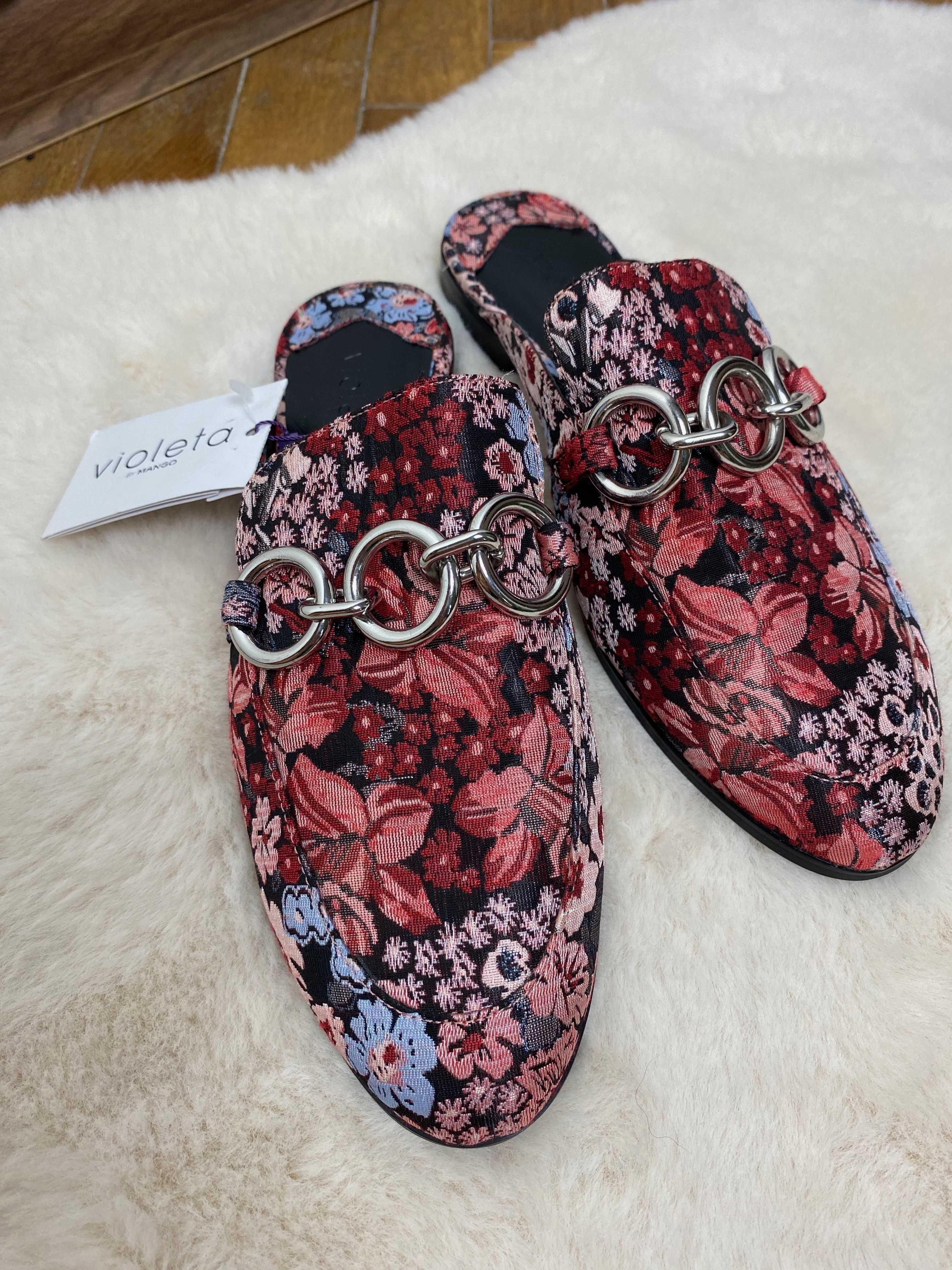 Nowe buty damskie klapki mule w kwiaty wzory 37 Mango odkryty tył
