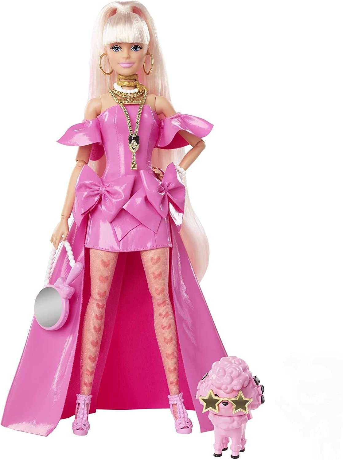 Барби экстра 3  розовая шубка с единорогом в розовом платье