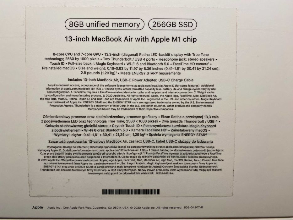 Macbook Air 13 M1 256 8 GB 93% pojemności baterii