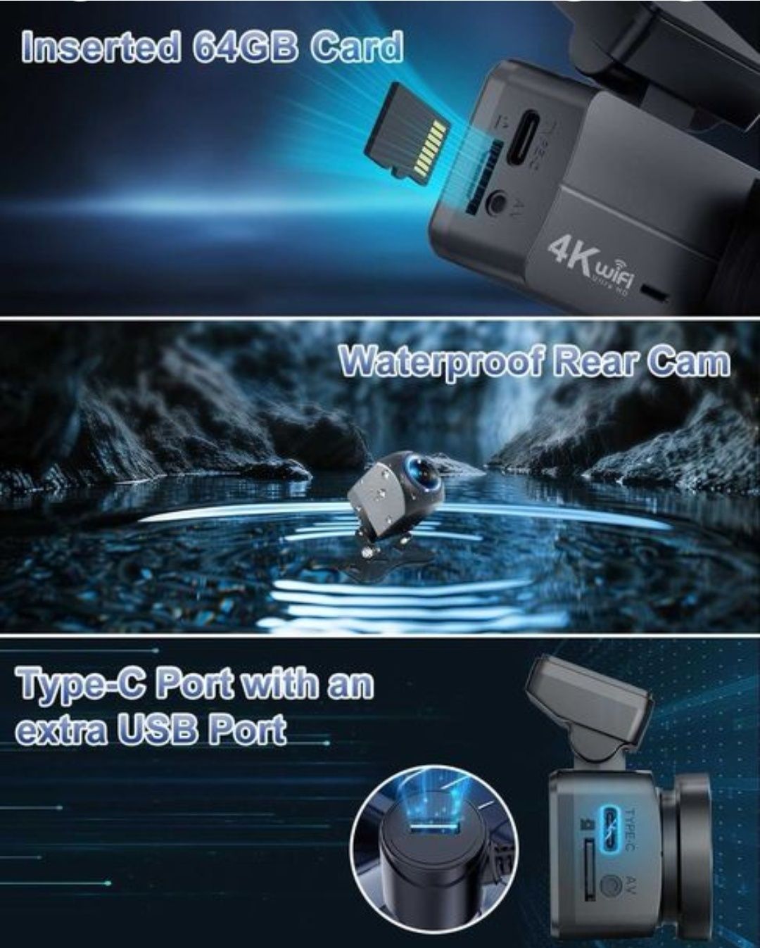 Kamera samochodowa DYNACAM Dash Cam 4K+1080P+Karta SD 64 GB WI-FI