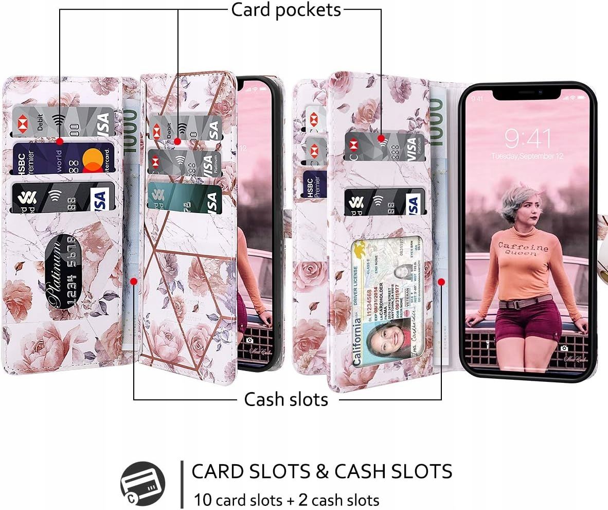 Dracool Etui Portfelowe do iPhone 12 mini Złoto-Różowy Marmur na Karty