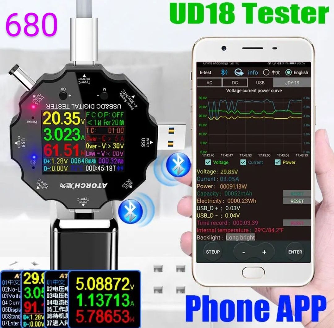 USB tester ATORCH UD18/UD24,  30V, DC 5.5,  Bluetooth . Юсб тестер