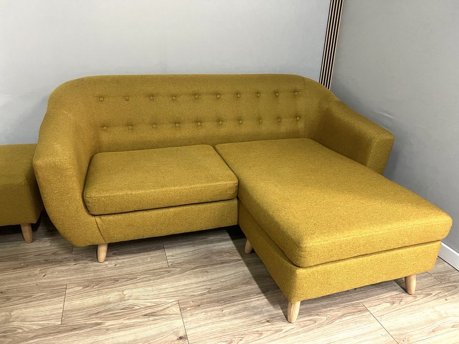 Narożnik pikowany musztardowy z dwiema pufami kanapa sofa DOSTAWA !!!
