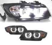 FARÓIS BMW E90 E91 05-08 BIXENON ANGEL EYES U LED 3D NEGRO