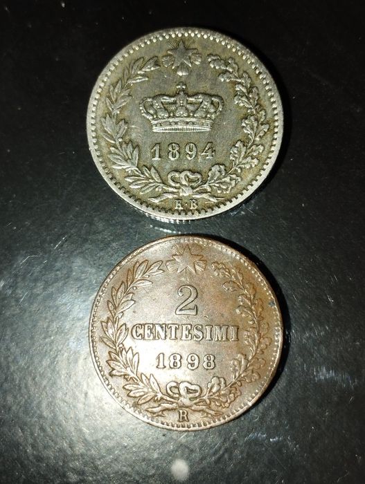 Moedas de 2 Centesimi 1898 e 20 Centésimos 1894 Itália