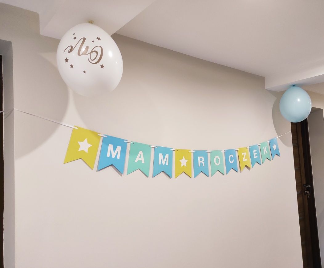 dekoracje na urodziny baner "mam roczek" / balon foliowy cyfra 1