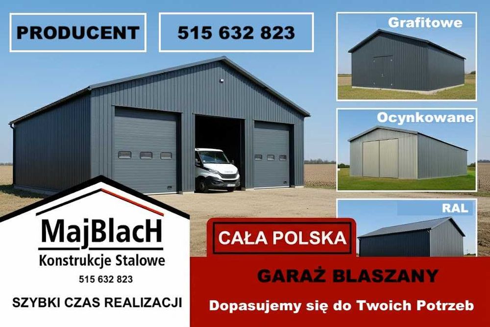 Garaż Blaszany OCYNKOWANY| Konstrukcja Stalowa| Duża Hala - Maj-Blach