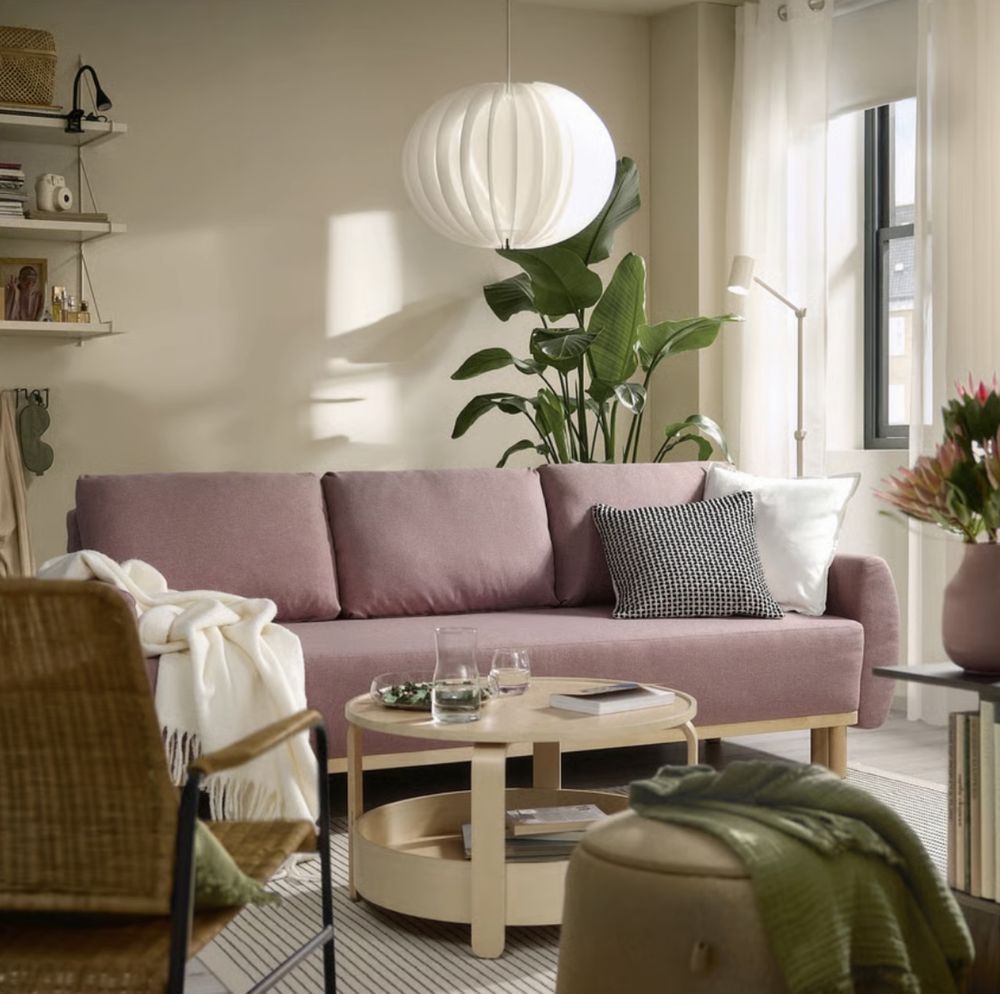 Kanapa sofa różowa z funkcją spania + 3 poduszki