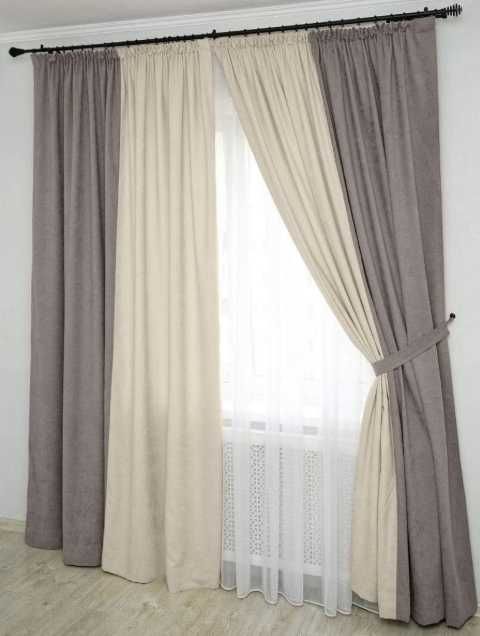 комплект штор двоколірних мікровелюр пошитих на тасьмі