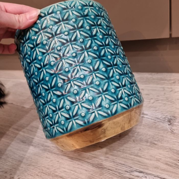 Osłonka doniczka ceramiczna turkusowa duża  niebieska złota