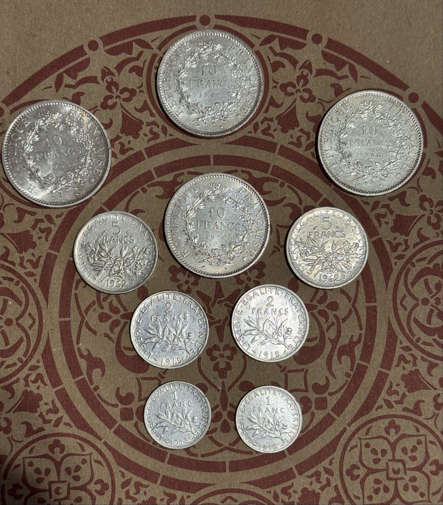 Монета серебро 1, 2, 5, 10 francs, франков, 1915-16, 1962, 1966-70