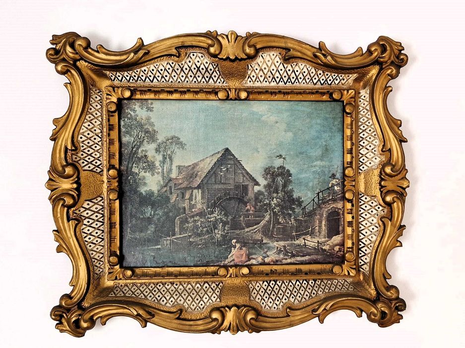 Stary obraz reprodukcja „Młyn wodny” w pięknej zdobionej ramie.