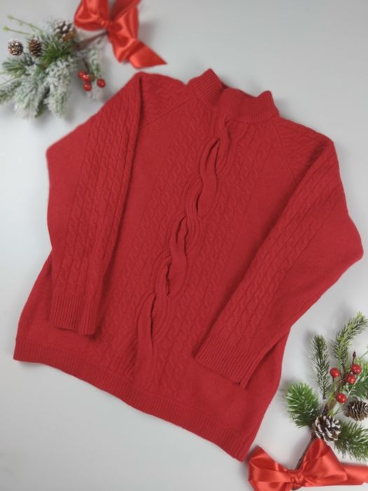 Wełniany sweter czerwony wełna angora golf ciepły sweterek splot gruby