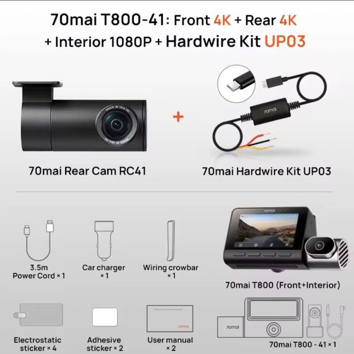 Відеореєстратор 70mai Dash Cam T800 4K+70mai Rear Cam RC41 4K+128Гб